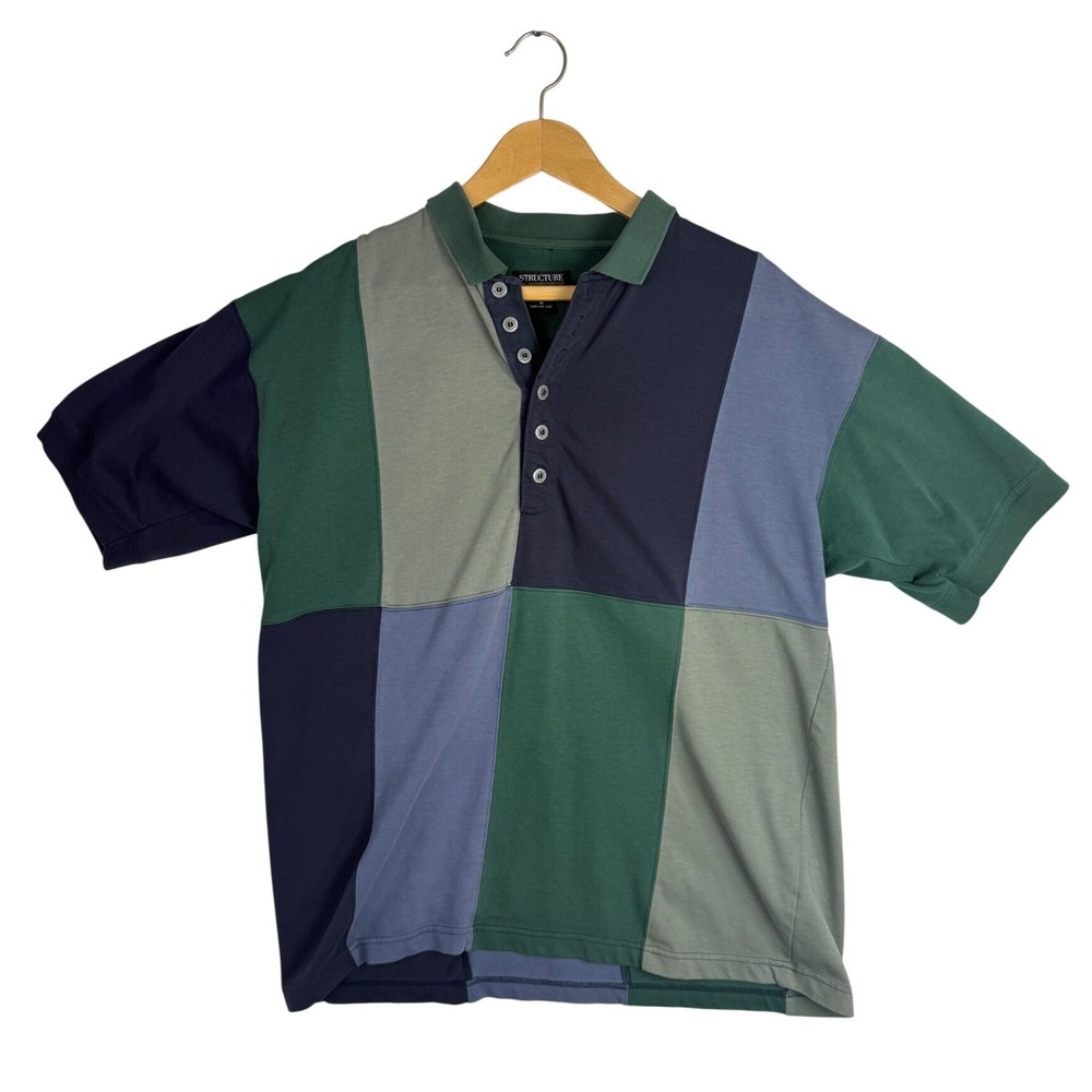 Vintage Structure Mens Colorblock Patchwork Polo Shirt Green Blue Cotton Medium